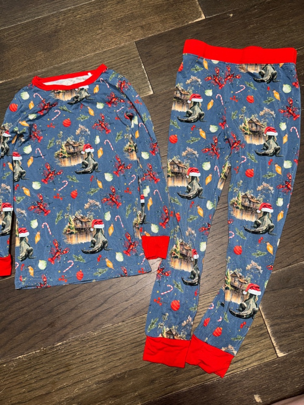 Kids Blue Holiday Cajun Print Pajama Set with Red Trim